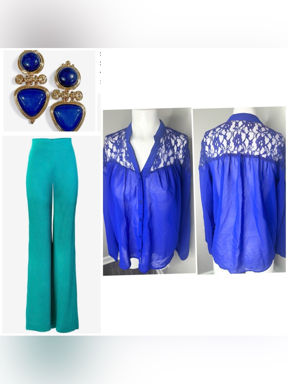 Charlotte Russe, blue Sheer Lace Button-Up Blouse-m- preloved